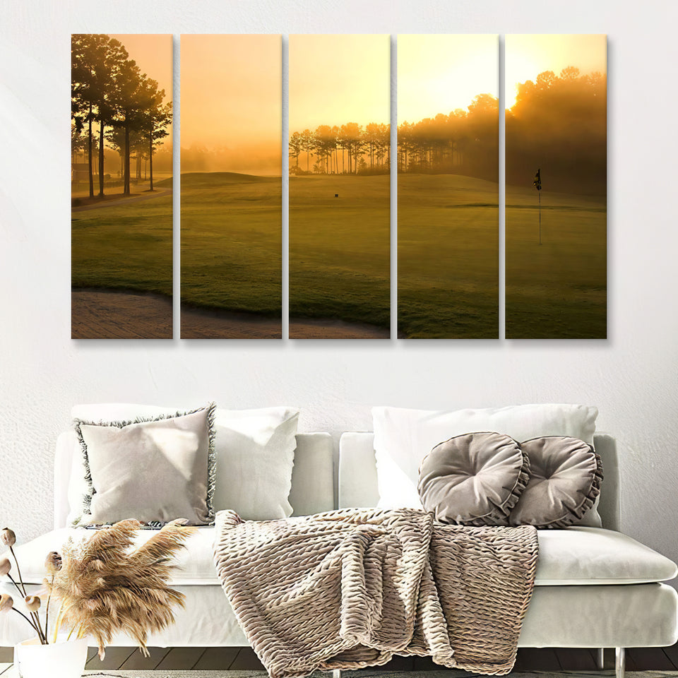 Golf Course In The Fog 5 Pieces B Canvas Prints Wall Art - Painting Canvas, Multi Panel