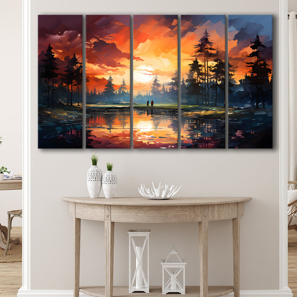 Golfer Playing Together In Sunset 5 Panels B Canvas Prints Wall Art Home Decor, Extra Large Canvas
