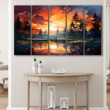 Golfer Playing Together In Sunset 5 Panels B Canvas Prints Wall Art Home Decor, Extra Large Canvas
