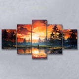 Golfer Playing Together In Sunset 5 Panels Canvas Prints Wall Art Home Decor, Large Mixed Canvas