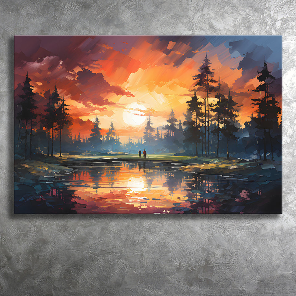 Golfer Playing Together In Sunset Canvas Prints Wall Art Home Decor, Painting Canvas, Living Room Wall Decor