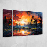 Golfer Playing Together In Sunset 5 Panels B Canvas Prints Wall Art Home Decor, Extra Large Canvas