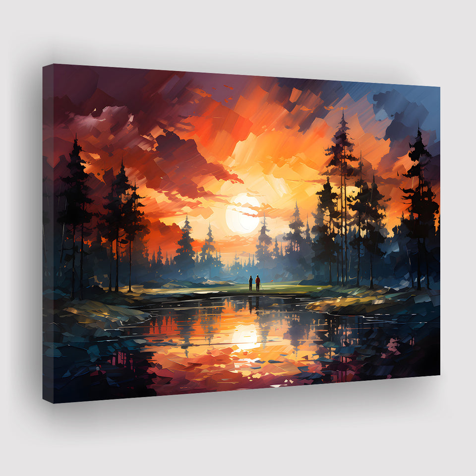 Golfer Playing Together In Sunset Canvas Prints Wall Art Home Decor, Painting Canvas, Living Room Wall Decor