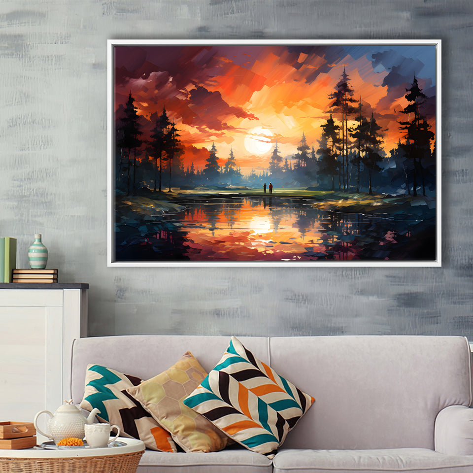 Golfer Playing Together In Sunset Framed Canvas Prints Wall Art Home Decor, Painting Canvas, Floating Frame
