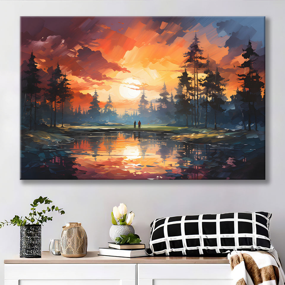 Golfer Playing Together In Sunset Canvas Prints Wall Art Home Decor, Painting Canvas, Living Room Wall Decor