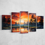 Golfer Playing Together In Sunset 5 Panels Canvas Prints Wall Art Home Decor, Large Mixed Canvas