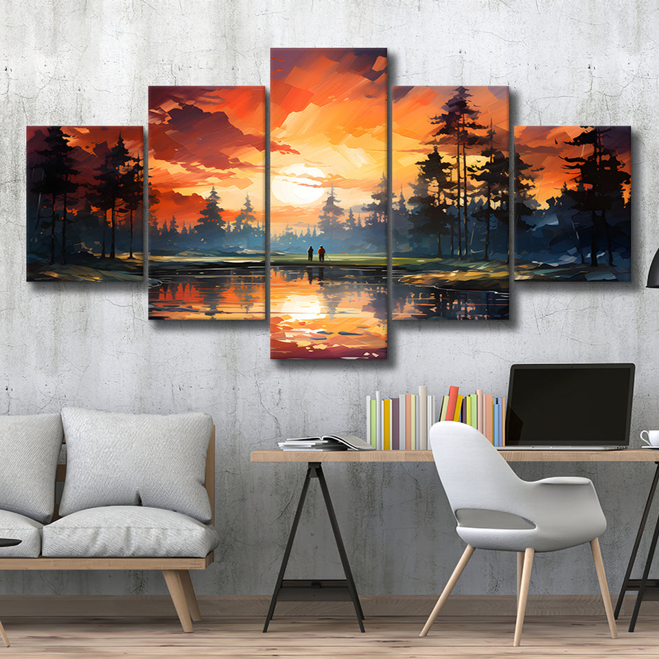 Golfer Playing Together In Sunset 5 Panels Canvas Prints Wall Art Home Decor, Large Mixed Canvas