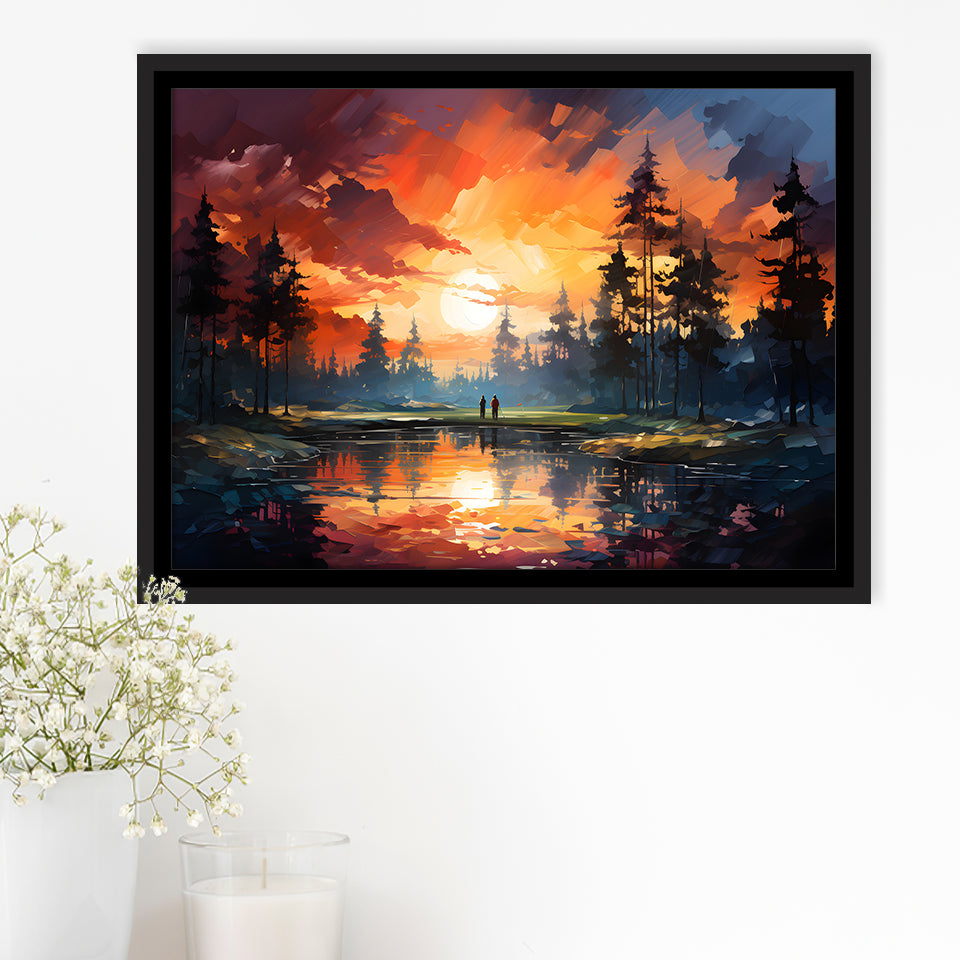 Golfer Playing Together In Sunset Framed Canvas Prints Wall Art Home Decor, Painting Canvas, Floating Frame