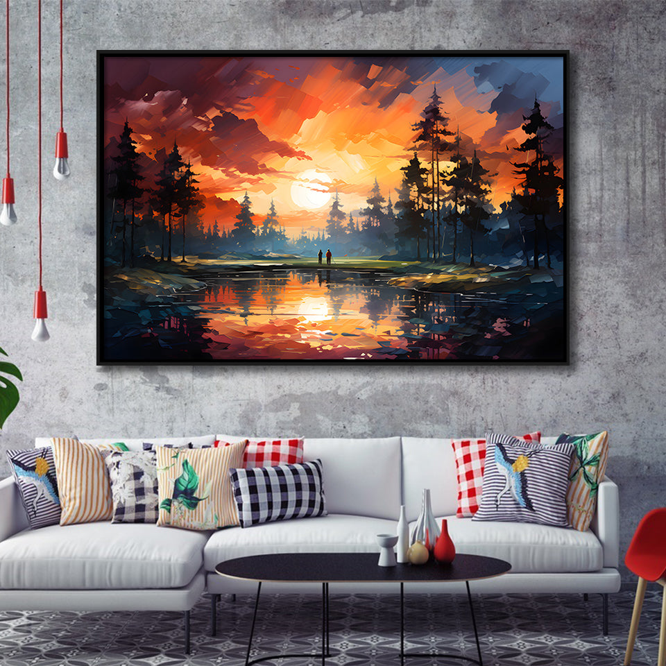 Golfer Playing Together In Sunset Framed Canvas Prints Wall Art Home Decor, Painting Canvas, Floating Frame