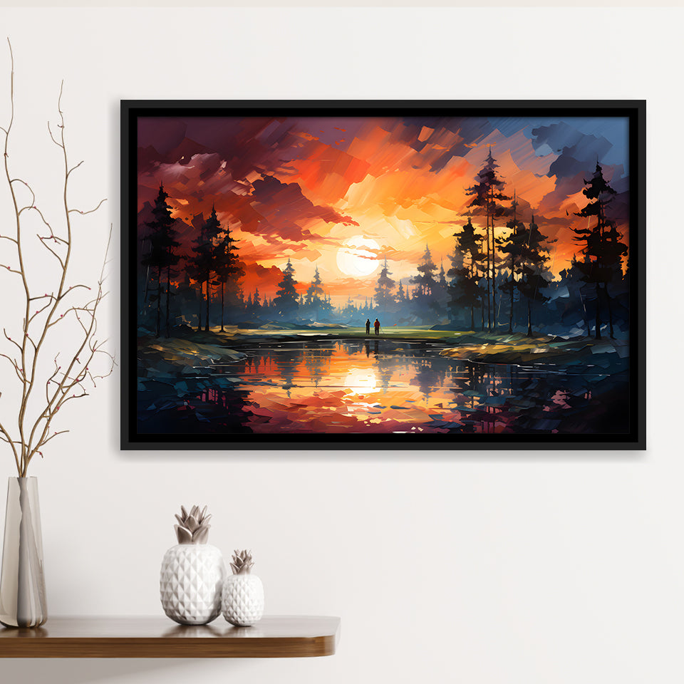 Golfer Playing Together In Sunset Framed Canvas Prints Wall Art Home Decor, Painting Canvas, Floating Frame