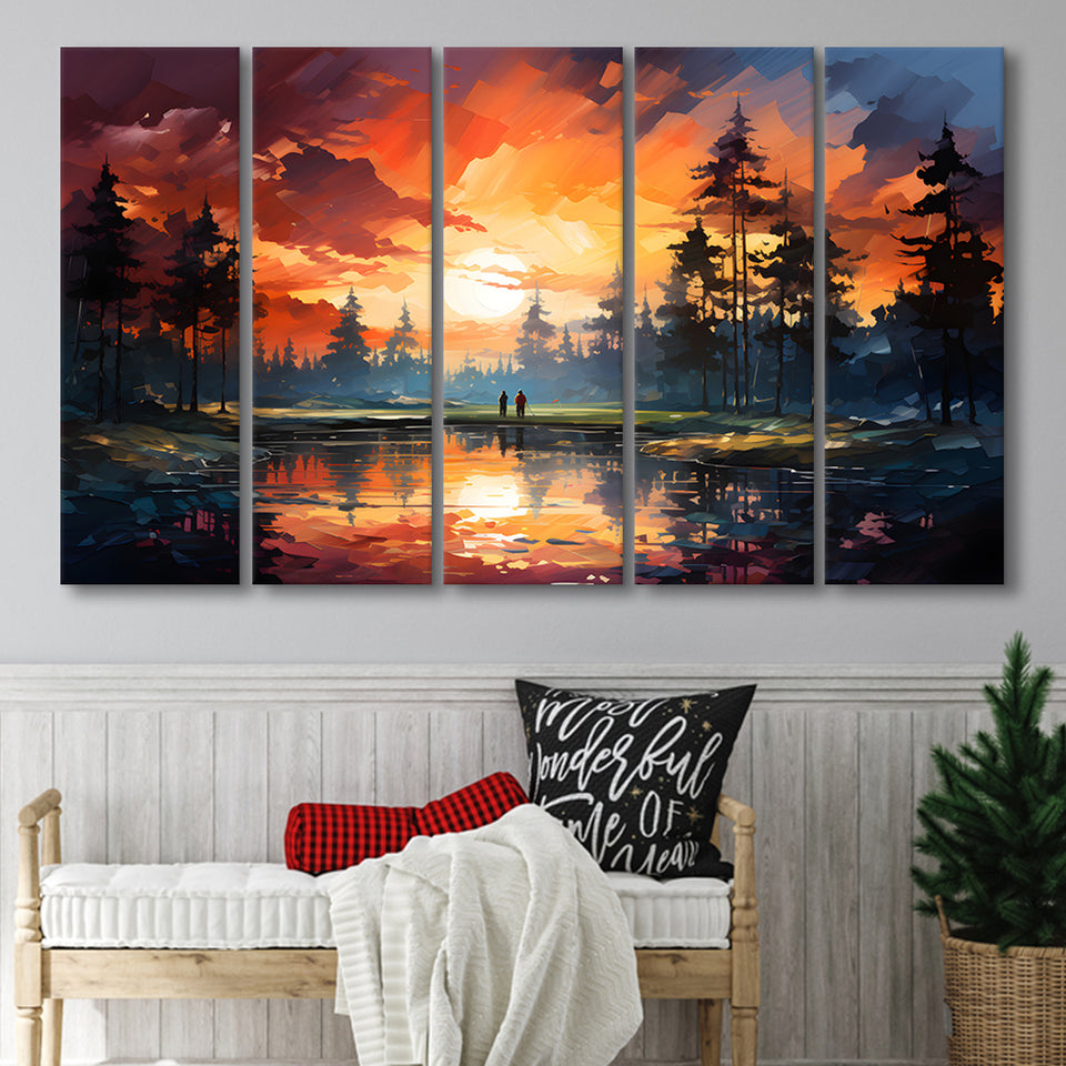 Golfer Playing Together In Sunset 5 Panels B Canvas Prints Wall Art Home Decor, Extra Large Canvas