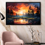 Golfer Playing Together In Sunset Framed Canvas Prints Wall Art Home Decor, Painting Canvas, Floating Frame