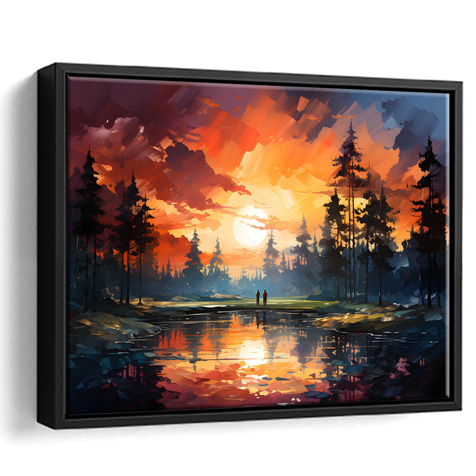 Golfer Playing Together In Sunset Framed Canvas Prints Wall Art Home Decor, Painting Canvas, Floating Frame