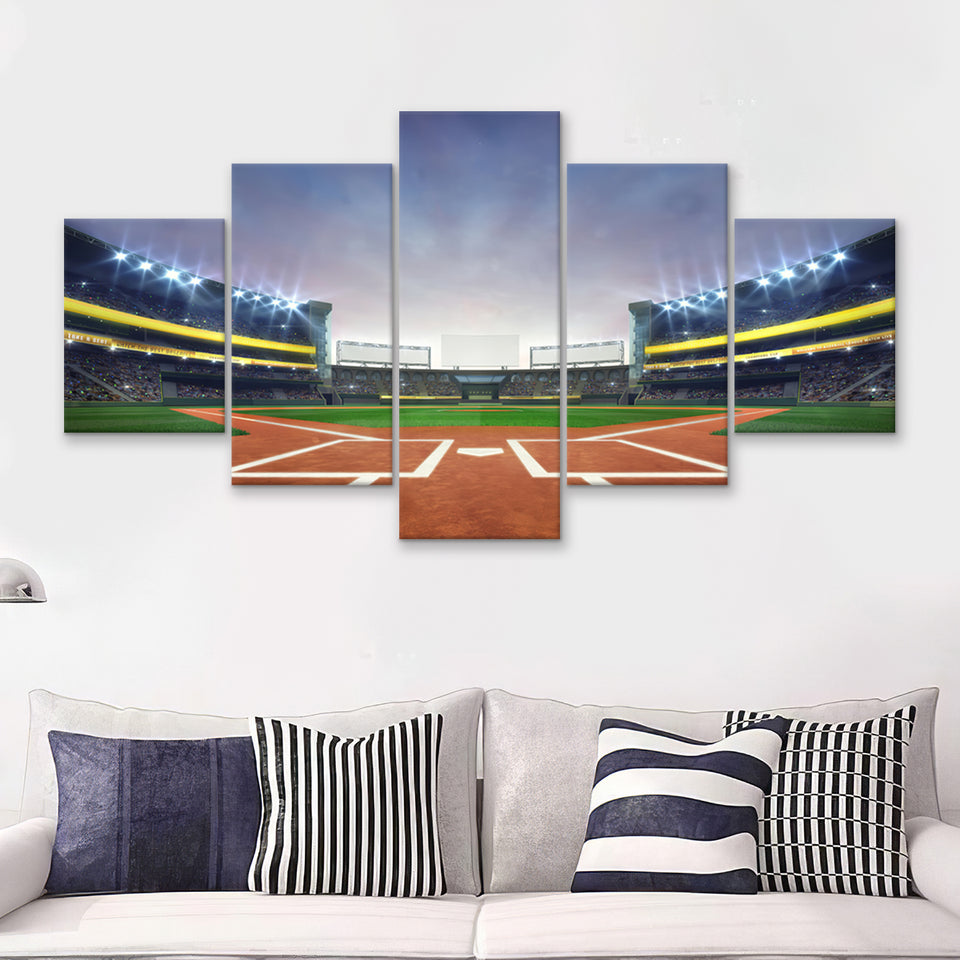 Grand Baseball Stadium Field Diamond Daylight View  5 Pieces Canvas Prints Wall Art - Painting Canvas, Multi Panel, Home Wall Decor, For Sale