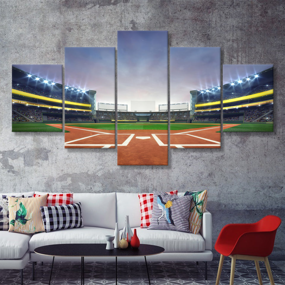Grand Baseball Stadium Field Diamond Daylight View  5 Pieces Canvas Prints Wall Art - Painting Canvas, Multi Panel, Home Wall Decor, For Sale