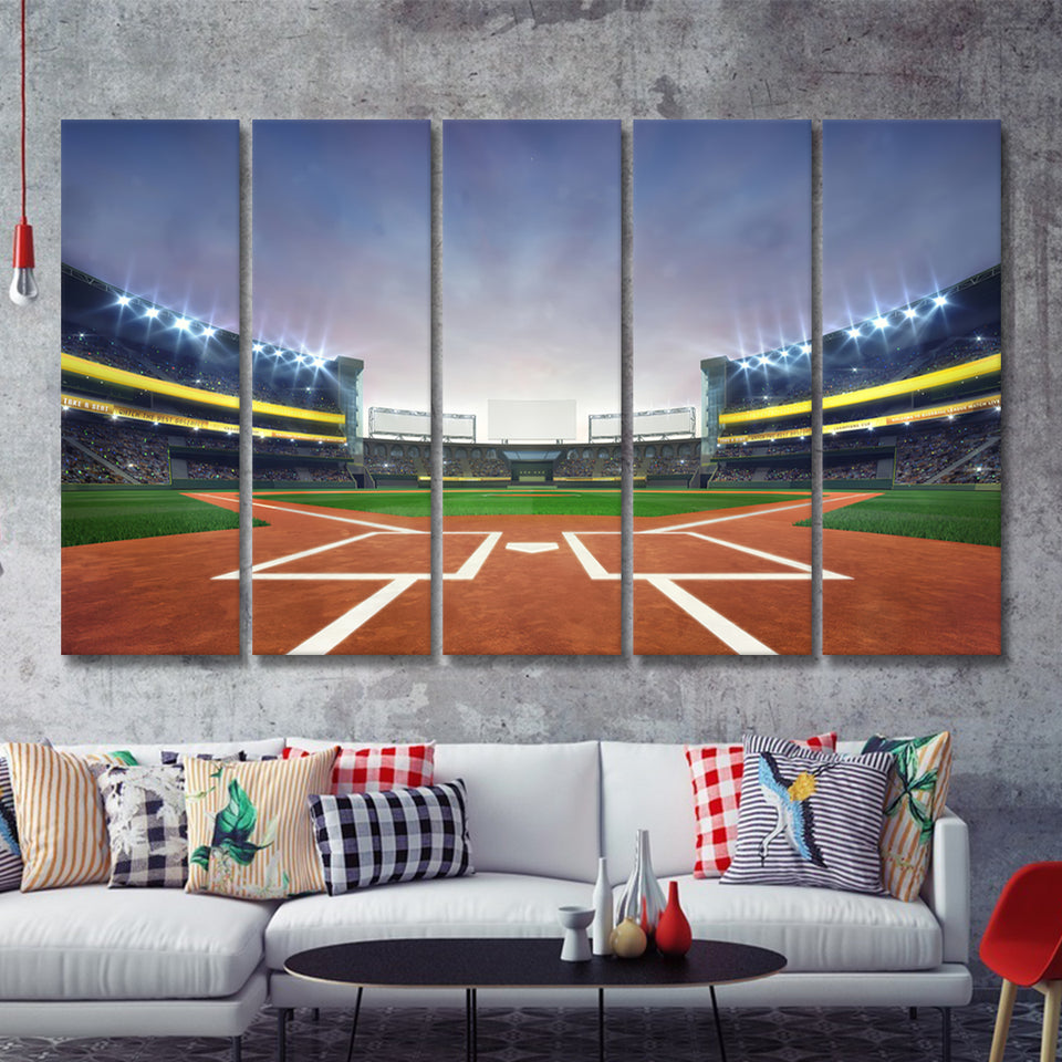 Grand Baseball Stadium Field Diamond Daylight View 5 Pieces Canvas Prints Wall Art Decor - Painting Canvas,Multi Panel,Painting Prints