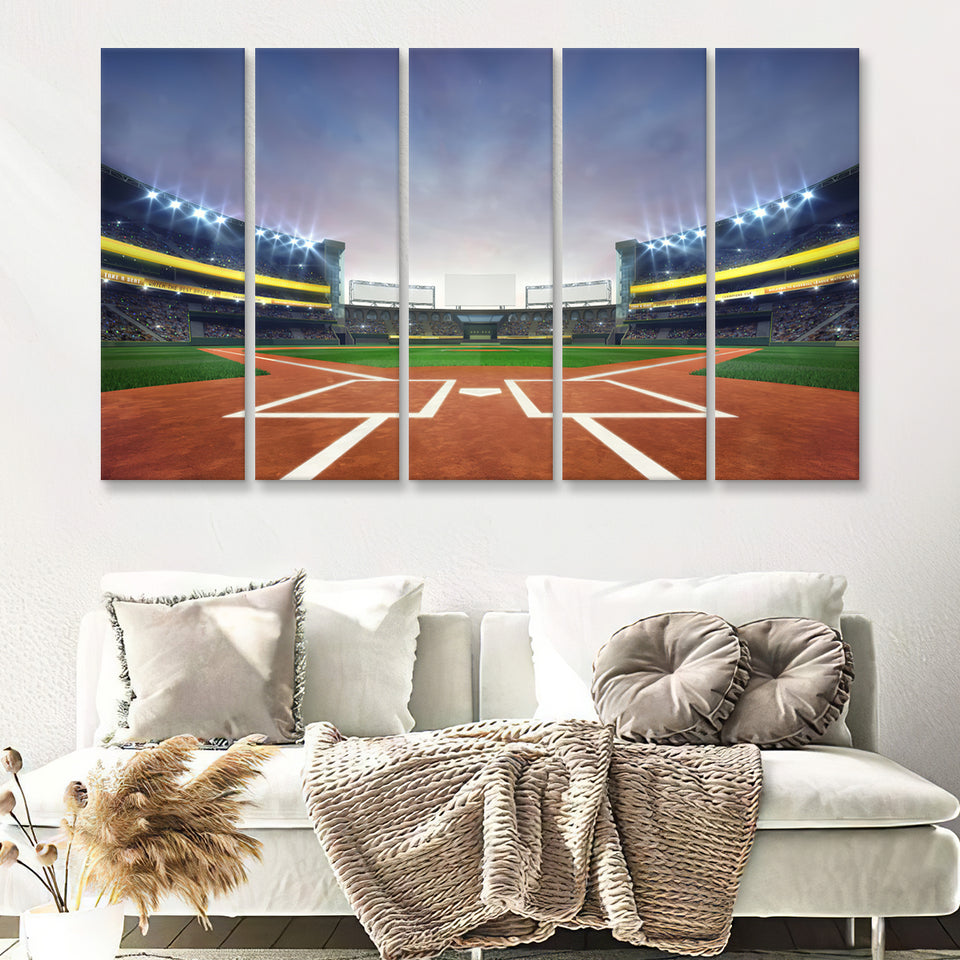 Grand Baseball Stadium Field Diamond Daylight View 5 Pieces Canvas Prints Wall Art Decor - Painting Canvas,Multi Panel,Painting Prints