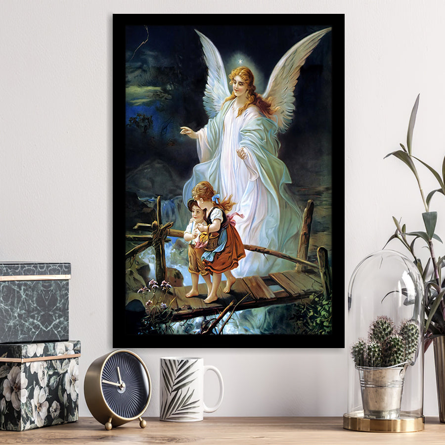 Guardian Angel Watching Over Children On Bridge Lindberg Framed Art Print Wall Decor - Painting Art, Framed Picture, Home Decor