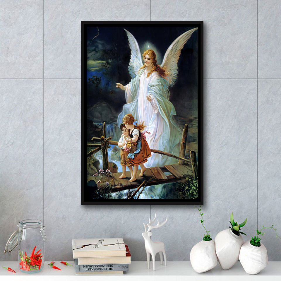 Guardian Angel Watching Over Children On Bridge Lindberg Framed Canvas Prints Wall Art - Painting Canvas, Framed Picture, Home Art Decor