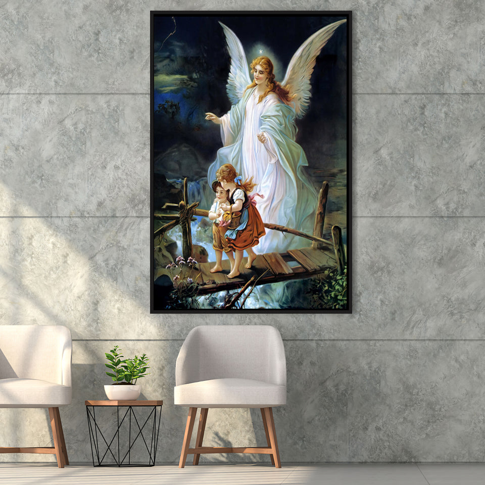 Guardian Angel Watching Over Children On Bridge Lindberg Framed Canvas Prints Wall Art - Painting Canvas, Framed Picture, Home Art Decor