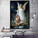 Guardian Angel Watching Over Children On Bridge Lindberg Framed Art Print Wall Decor - Painting Art, Framed Picture, Home Decor