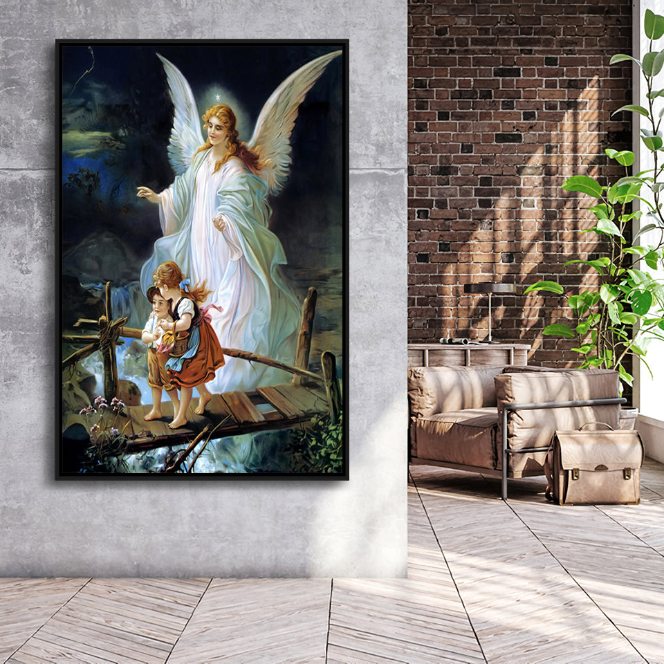 Guardian Angel Watching Over Children On Bridge Lindberg Framed Canvas Prints Wall Art - Painting Canvas, Framed Picture, Home Art Decor