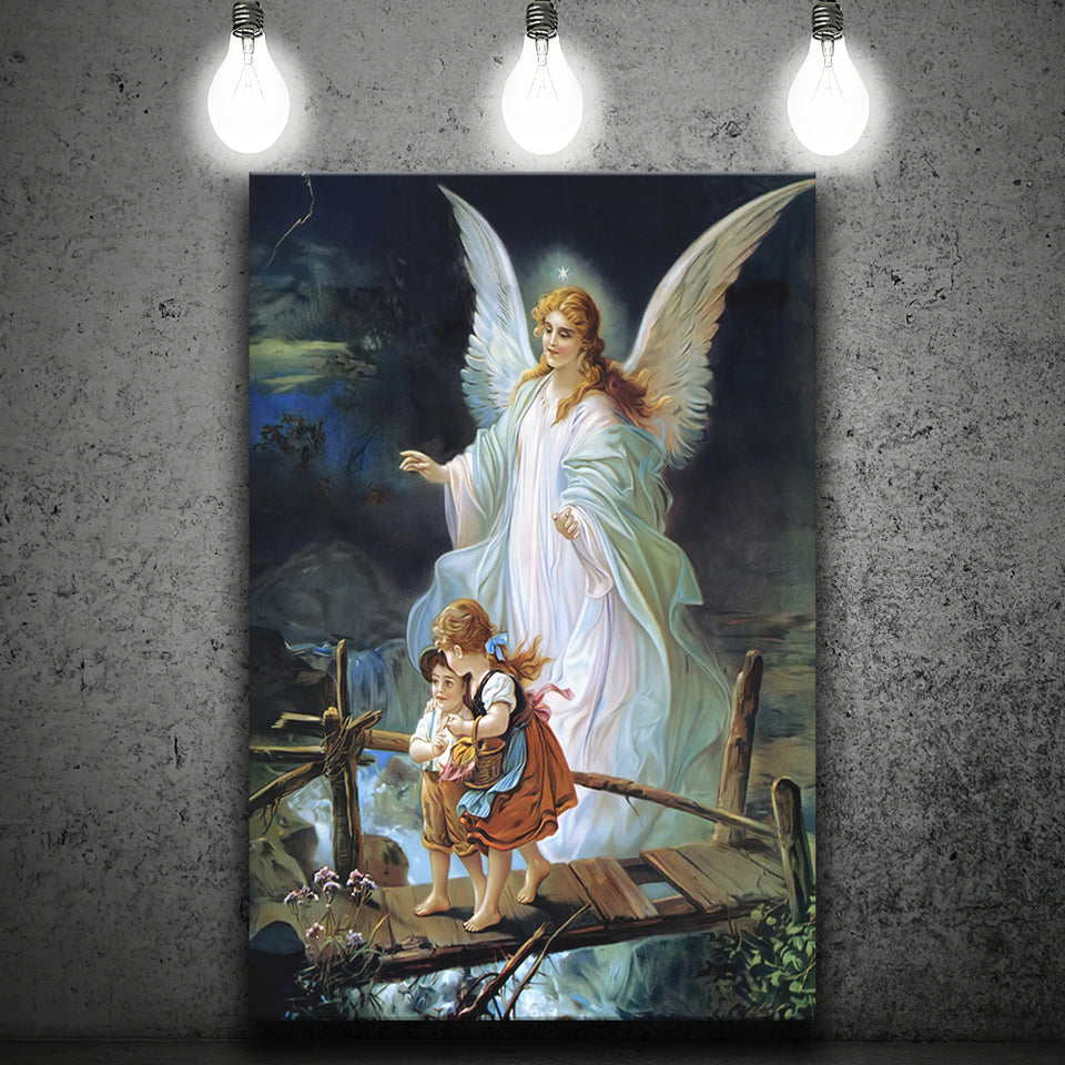 Guardian Angel Watching Over Children On Bridge Lindberg Canvas Prints Wall Art - Painting Canvas, Wall Decor, Home Decor