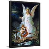 Guardian Angel Watching Over Children On Bridge Lindberg Framed Art Print Wall Decor - Painting Art, Framed Picture, Home Decor