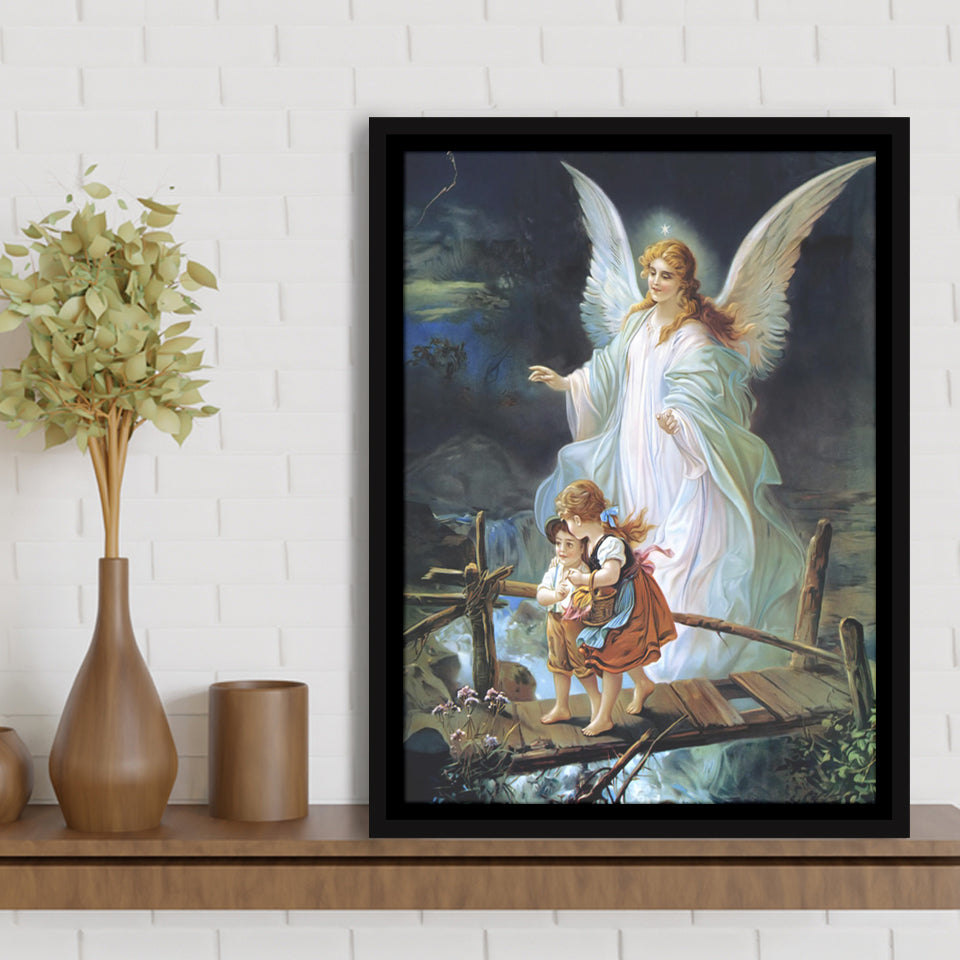 Guardian Angel Watching Over Children On Bridge Lindberg Framed Canvas Prints Wall Art - Painting Canvas, Framed Picture, Home Art Decor