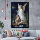 Guardian Angel Watching Over Children On Bridge Lindberg Framed Art Print Wall Decor - Painting Art, Framed Picture, Home Decor