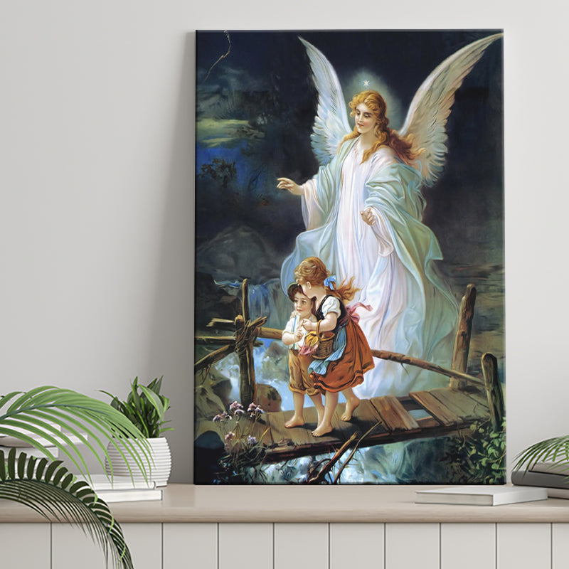 Guardian Angel Watching Over Children On Bridge Lindberg Canvas Prints Wall Art - Painting Canvas, Wall Decor, Home Decor
