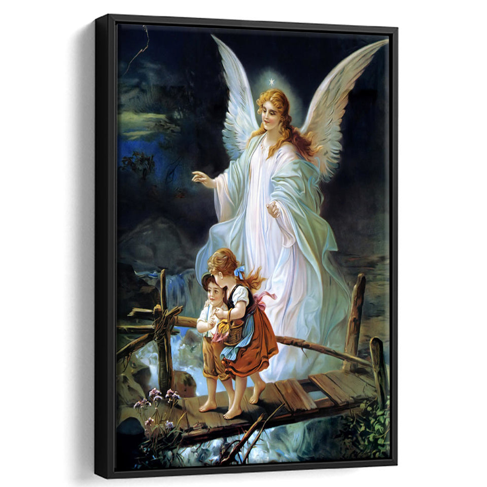 Guardian Angel Watching Over Children On Bridge Lindberg Framed Canvas Prints Wall Art - Painting Canvas, Framed Picture, Home Art Decor