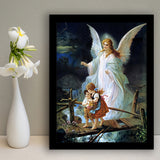 Guardian Angel Watching Over Children On Bridge Lindberg Framed Art Print Wall Decor - Painting Art, Framed Picture, Home Decor