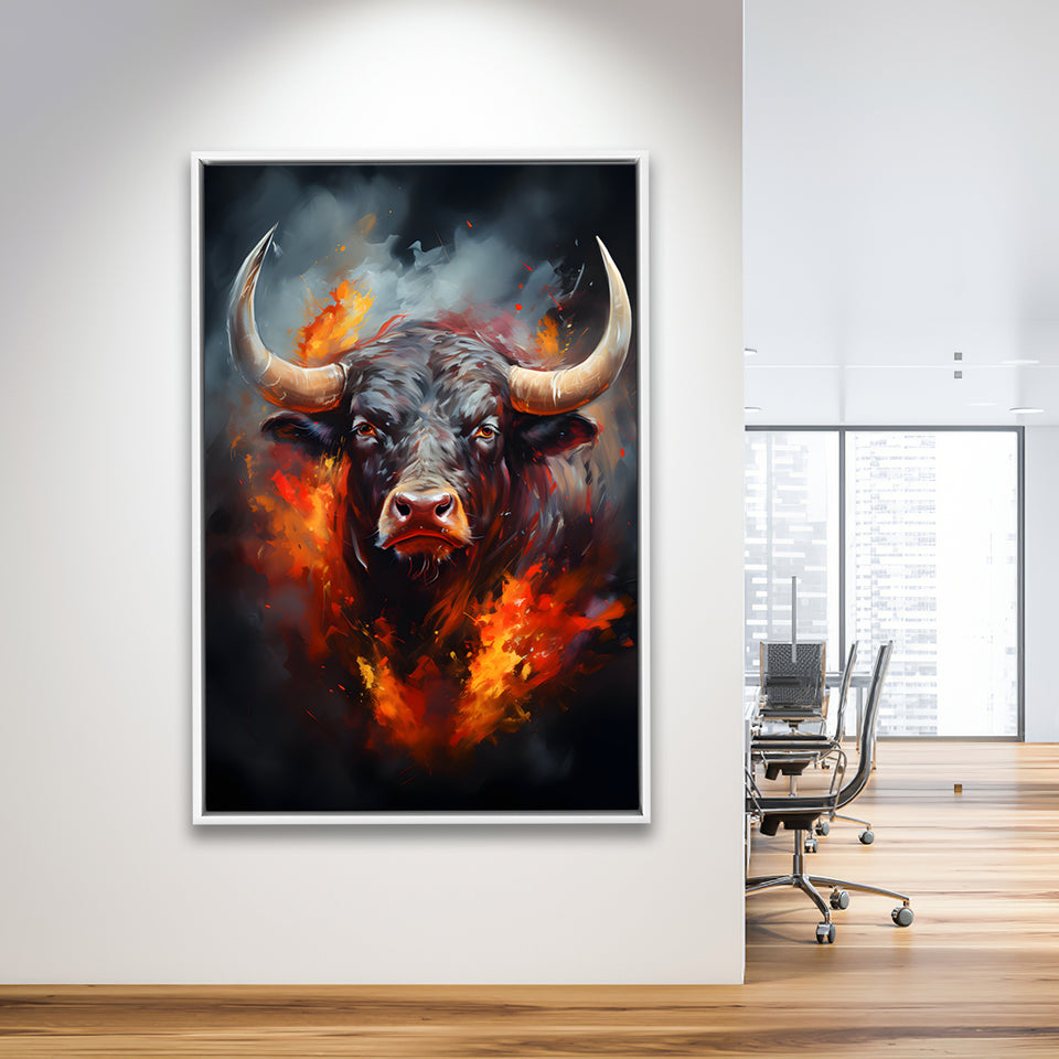 Hand Oil Painting Bull Portrait V4 Framed Canvas Prints Wall Art Home Decor, Painting Canvas, Floating Frame