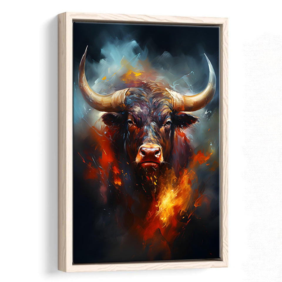 Hand Oil Painting Bull Portrait V5 Framed Canvas Prints Wall Art Home Decor, Painting Canvas, Floating Frame