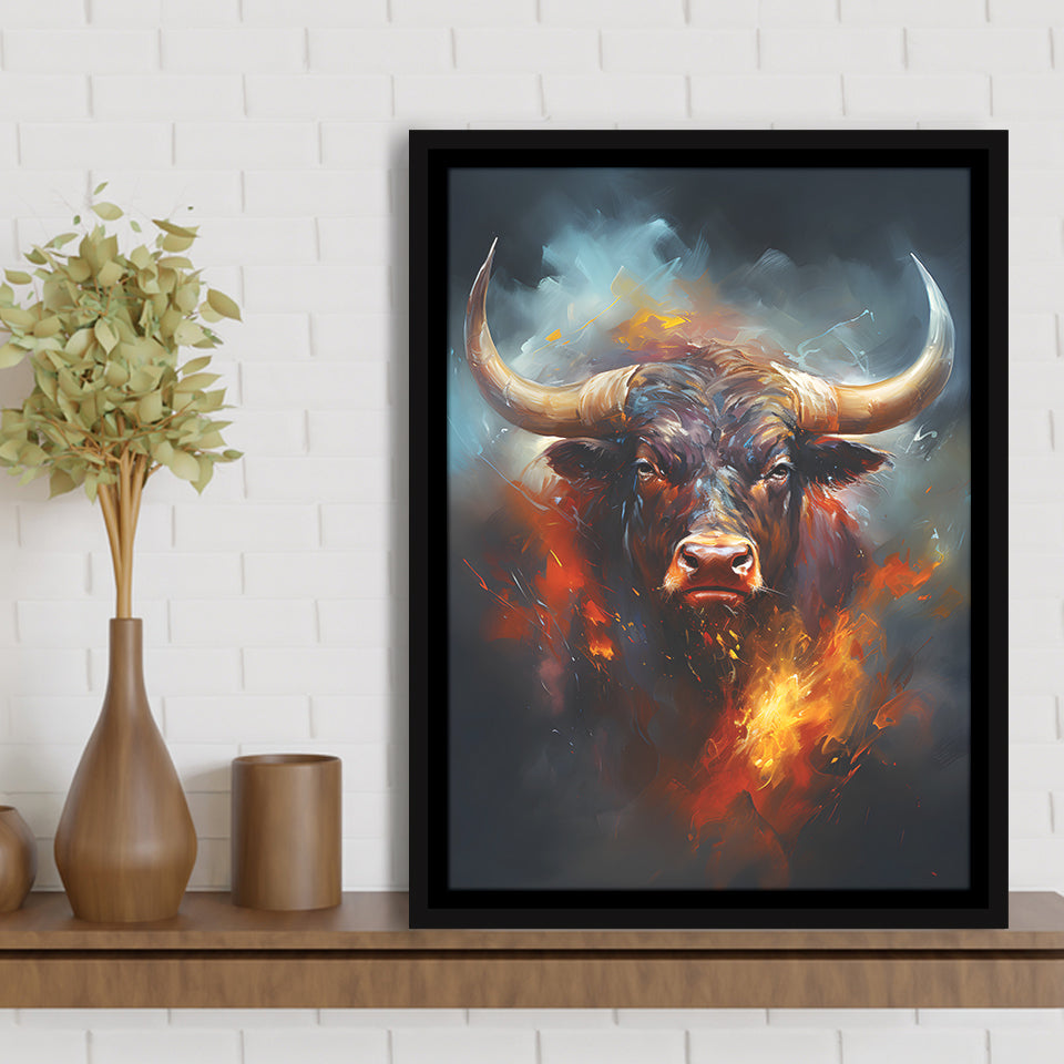 Hand Oil Painting Bull Portrait V5 Framed Canvas Prints Wall Art Home Decor, Painting Canvas, Floating Frame