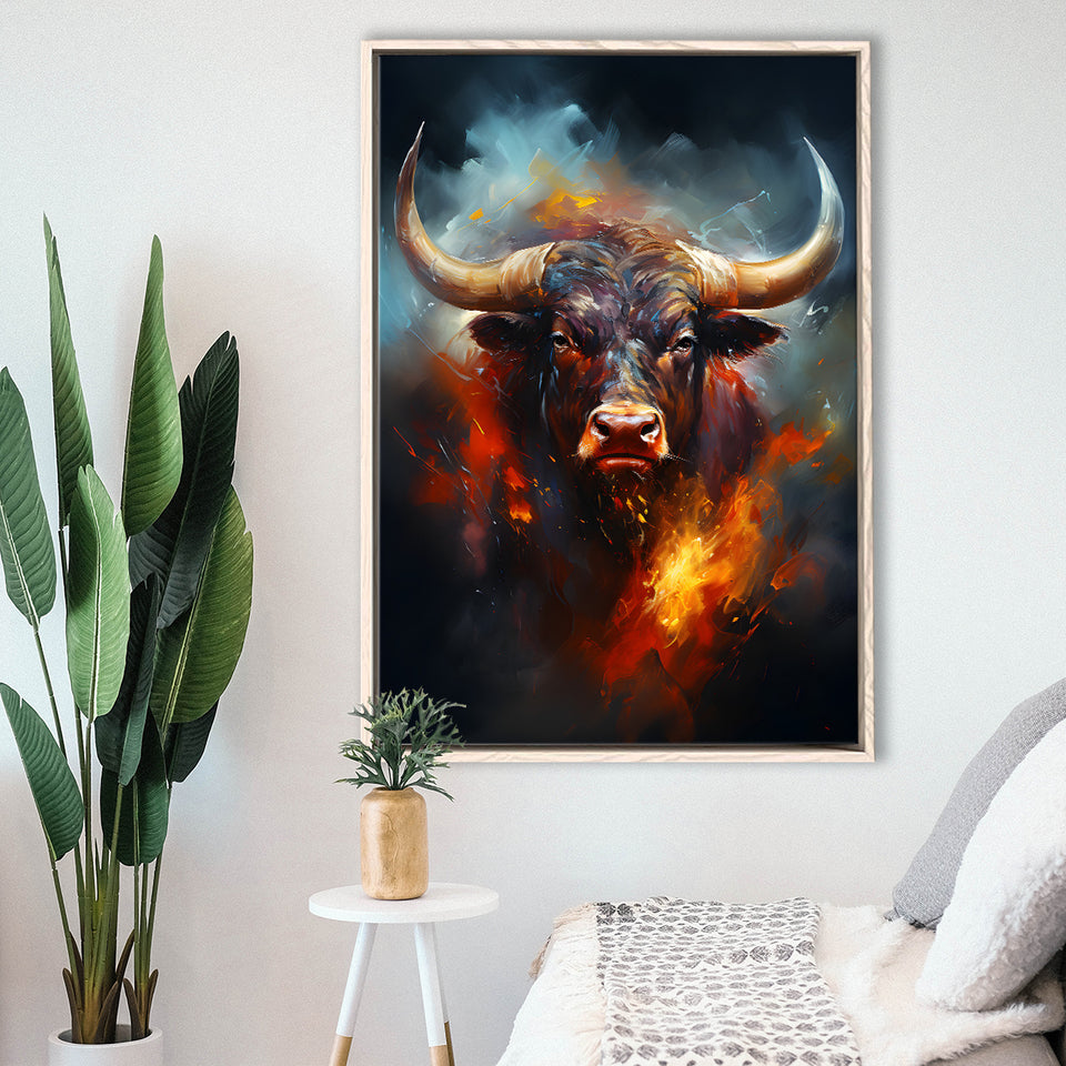 Hand Oil Painting Bull Portrait V5 Framed Canvas Prints Wall Art Home Decor, Painting Canvas, Floating Frame