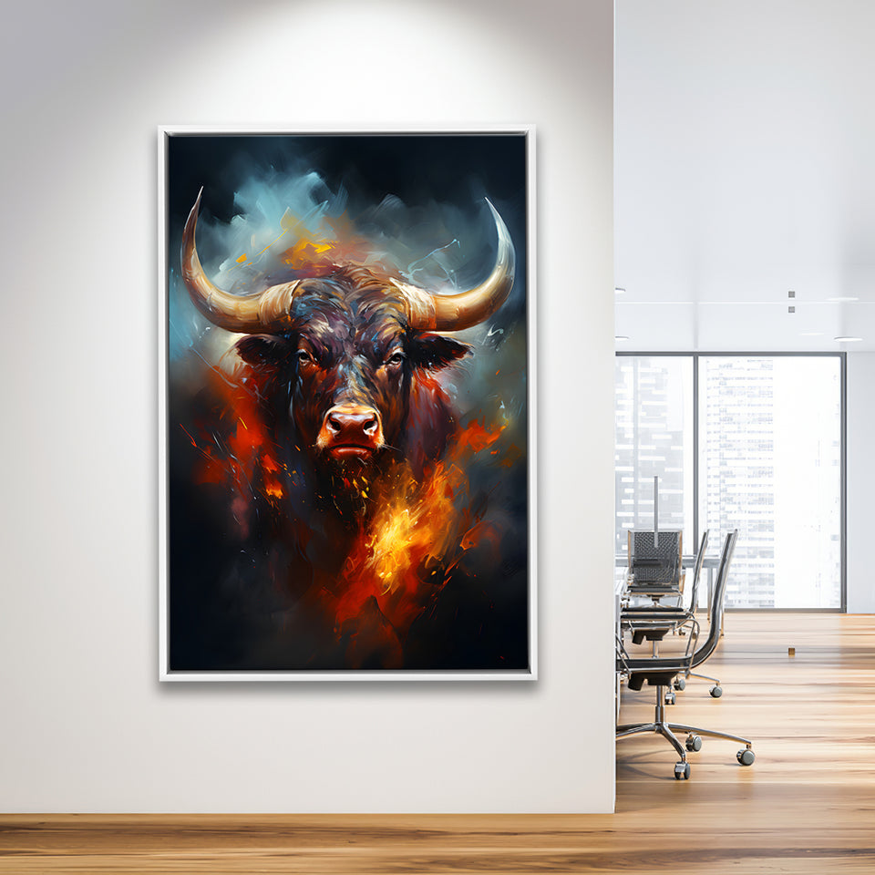 Hand Oil Painting Bull Portrait V5 Framed Canvas Prints Wall Art Home Decor, Painting Canvas, Floating Frame