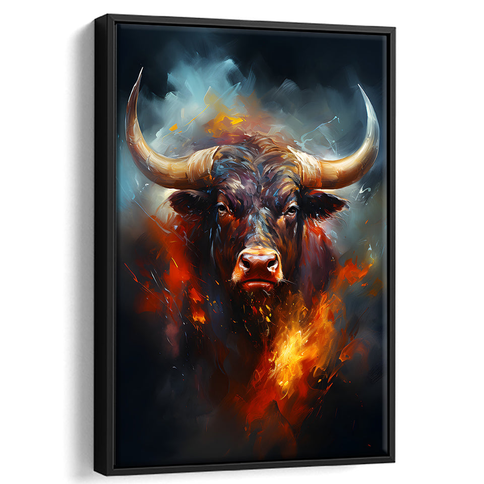 Hand Oil Painting Bull Portrait V5 Framed Canvas Prints Wall Art Home Decor, Painting Canvas, Floating Frame