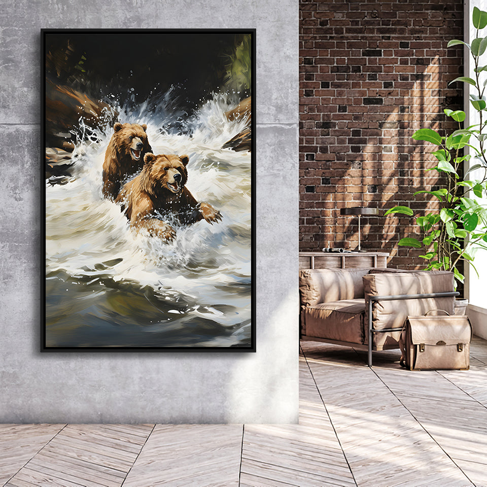 Happiness Coulple Bear Framed Canvas Prints Wall Art Home Decor, Painting Canvas, Floating Frame