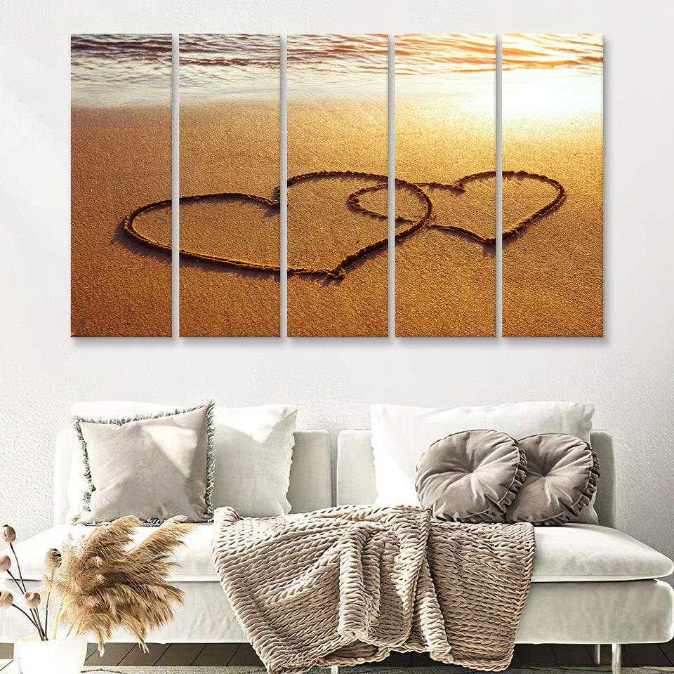 honeymoon or valentine day greetings on the sand two hearts 5 Pieces Canvas Prints Wall Art - Painting Canvas, Multi Panels, Wall Decor