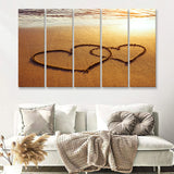 honeymoon or valentine day greetings on the sand two hearts 5 Pieces Canvas Prints Wall Art - Painting Canvas, Multi Panels, Wall Decor