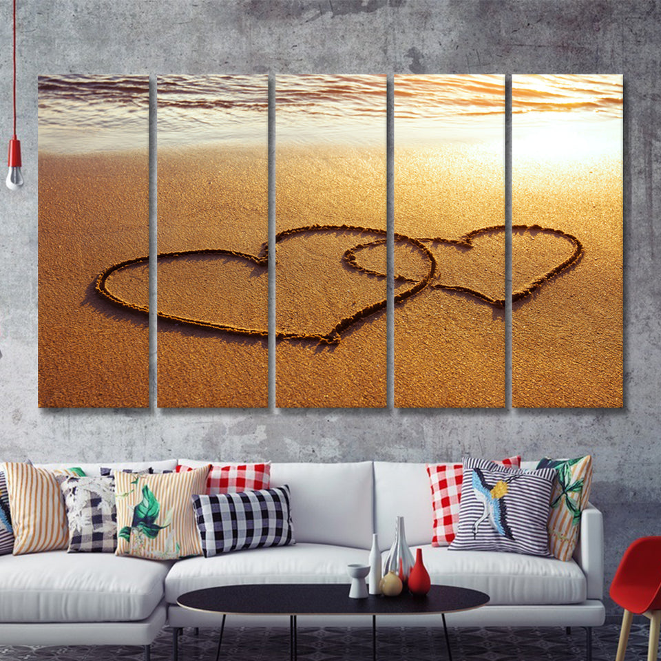 honeymoon or valentine day greetings on the sand two hearts 5 Pieces Canvas Prints Wall Art - Painting Canvas, Multi Panels, Wall Decor