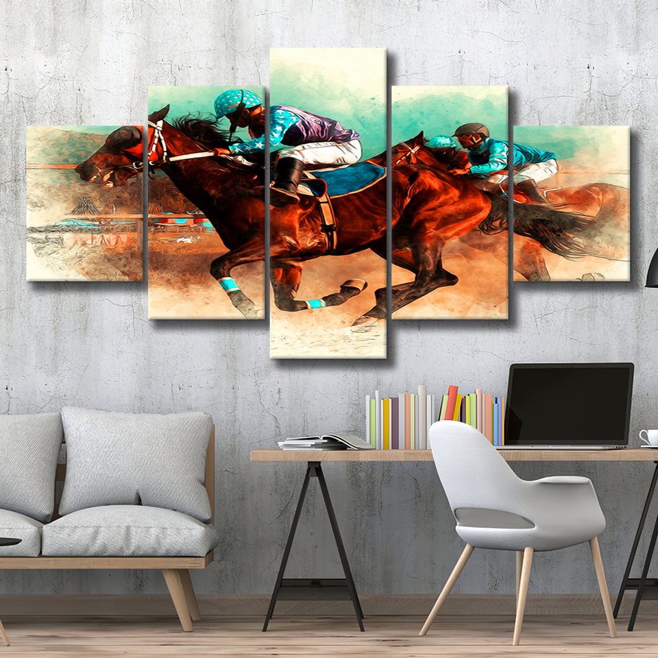 Horse-Race-Riding-Sport-Jockeys-Competition 5 Panels, Canvas Prints Wall Art Decor, Large Canvas Art