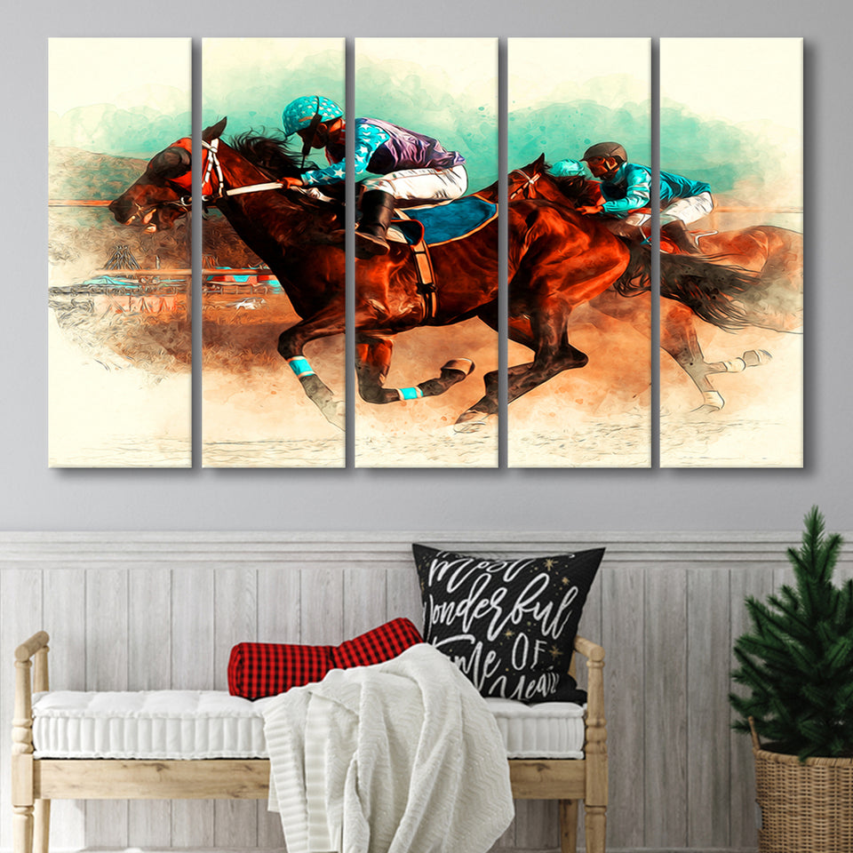 Horse Race Riding Sport Jockeys Competition Larger Canvas Art, 5 Piece Canvas Prints Wall Art Decor