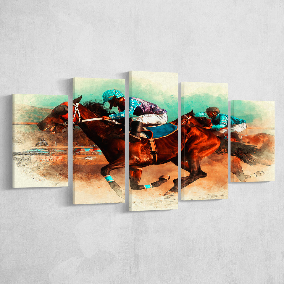 Horse-Race-Riding-Sport-Jockeys-Competition 5 Panels, Canvas Prints Wall Art Decor, Large Canvas Art