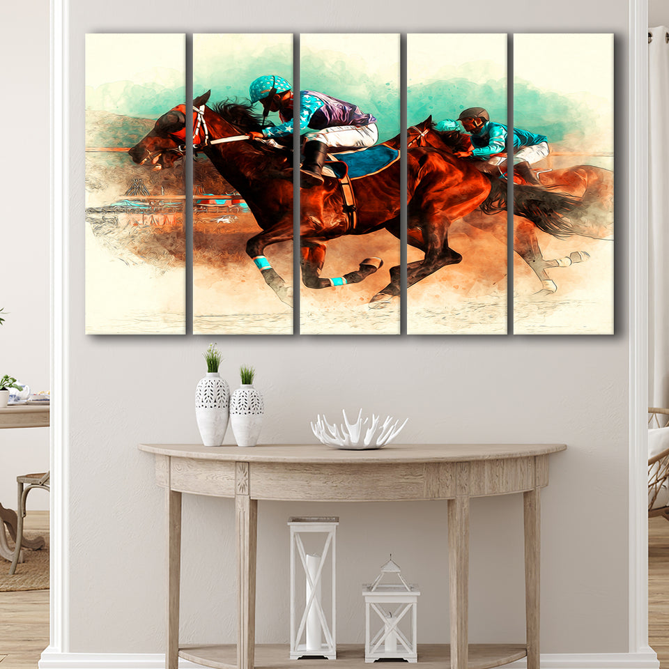 Horse Race Riding Sport Jockeys Competition Larger Canvas Art, 5 Piece Canvas Prints Wall Art Decor