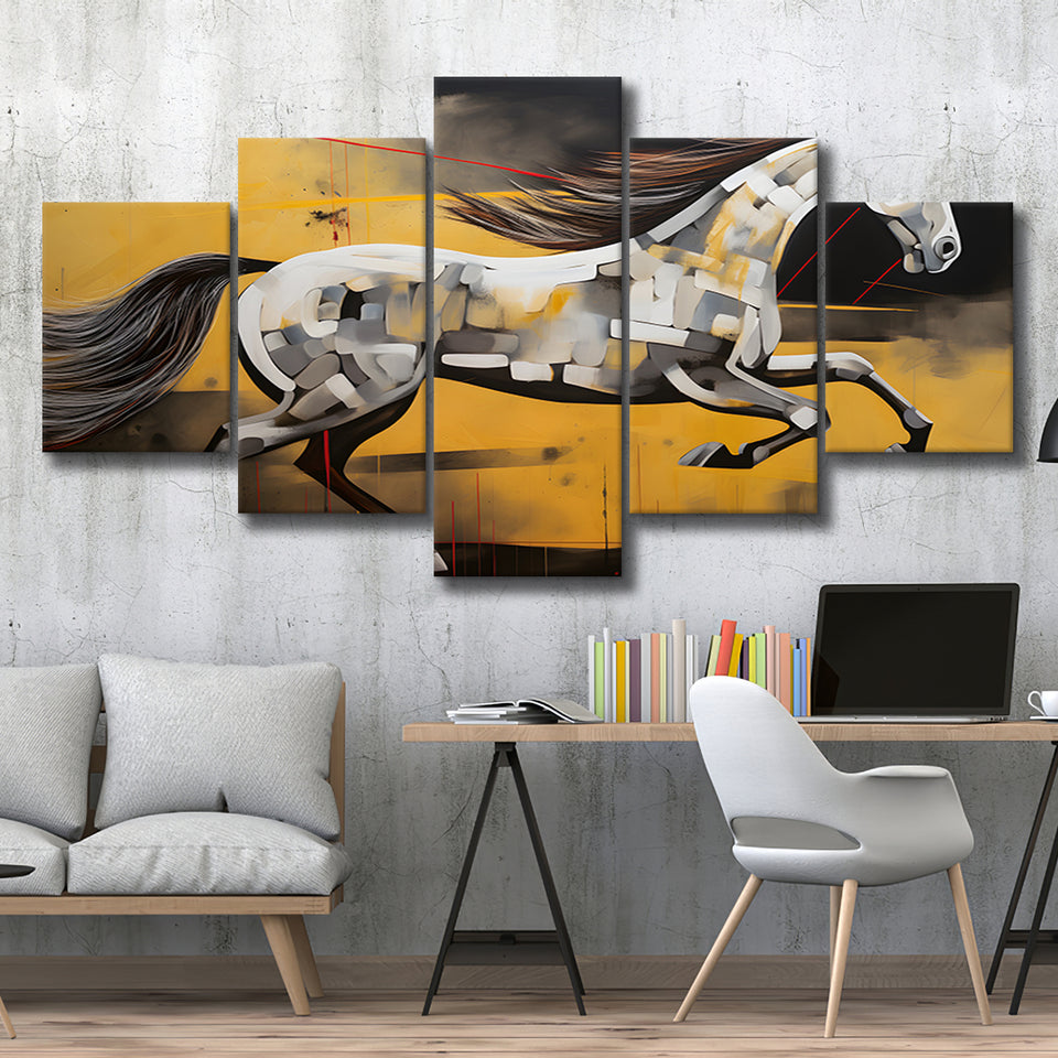 Horse Art Luxury Black And Gold Art Painting V5 5 Panels Canvas Prints Wall Art Home Decor, Large Mixed Canvas