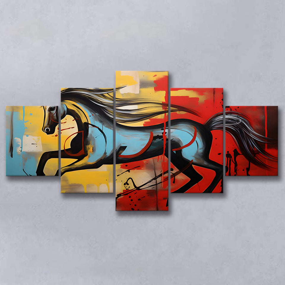 Horse Luxury Art Mixed Color Painting 5 Panels Canvas Prints Wall Art Home Decor, Large Mixed Canvas