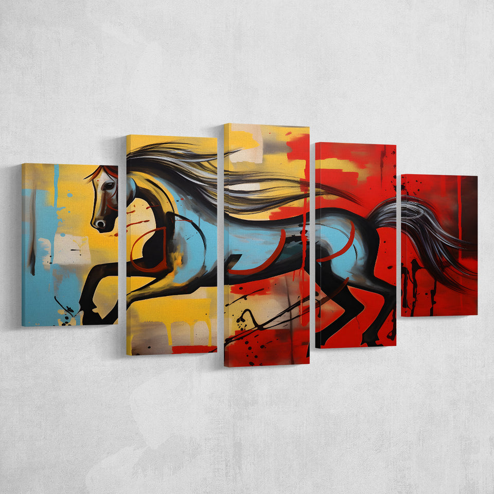 Horse Luxury Art Mixed Color Painting 5 Panels Canvas Prints Wall Art Home Decor, Large Mixed Canvas